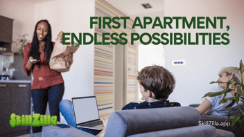 Three roommates in an apartment: one holds a bag of groceries while the others sit on a couch, chatting and relaxing.