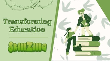 Transforming education, cartoon of a young person wearing sunglasses, a puffy jacket, tan pants and green shoes, holding a book in one hand and helping another young person who is down below climb up a stack of books. The other person has dark braided hair pigtails, wearing a green short sleeve shirt and dark green long pants, the stack of books have light and dark green covers