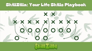 SkillZilla: Your Life Skills Playbook, Xs and Os on a football scrimmage line showing where the Os are going to run in one direction and the Xs are going to run in another direction