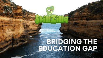 image of a gap in two sides of a cliff, with water flowing under them. The SkillZilla logo acts as a bridge across with a green cartoon T-Rex crossing it. The words 