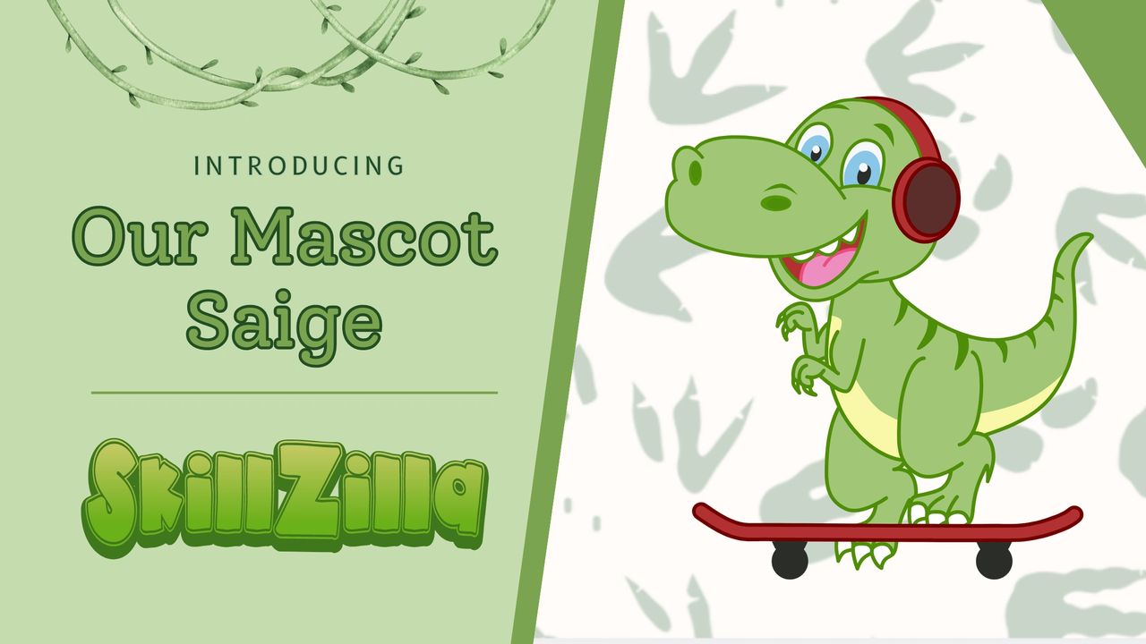 Image of a cartoon green t-rex that is riding a skateboard