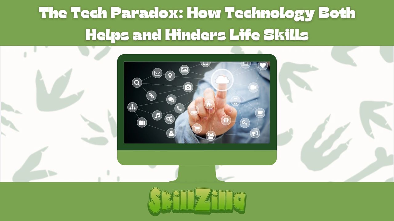 The Tech Paradox: How Technology Both Helps and Hinders Life Skills Development, image of a man's hand touching a cloud icon on a computer screen, other icons for phone, people, email, location, and random digital touchpoints float on the screen