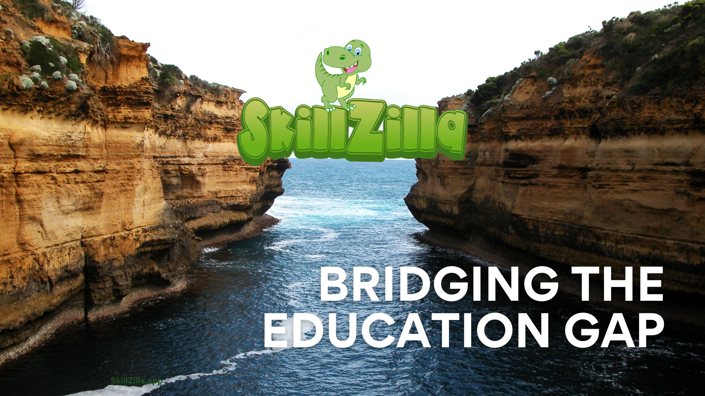 image of a gap in two sides of a cliff, with water flowing under them. The SkillZilla logo acts as a bridge across with a green cartoon T-Rex crossing it. The words "Bridging the Education Gap" are in white under the logo