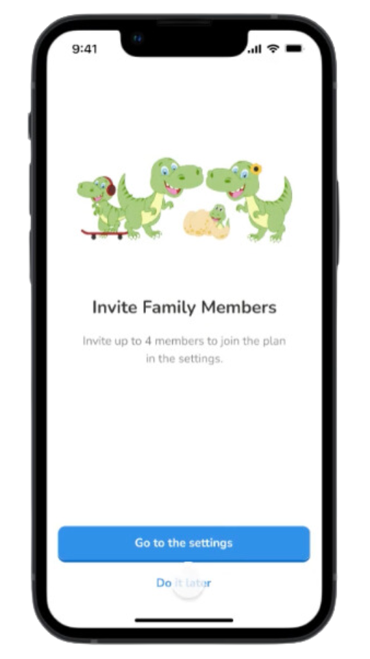 screen image of adding family members to the app, with cartoons of dinosaurs in various stages of development