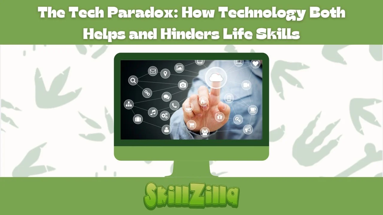 tech paradox, how tech hinders young adults, image of a computer monitor with a finger touching points on a grid