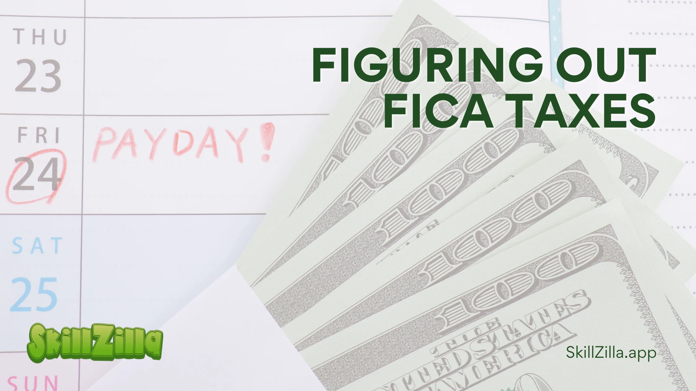 $100 bills laying on top of a calendar with the word "Payday!" written on one of the dates