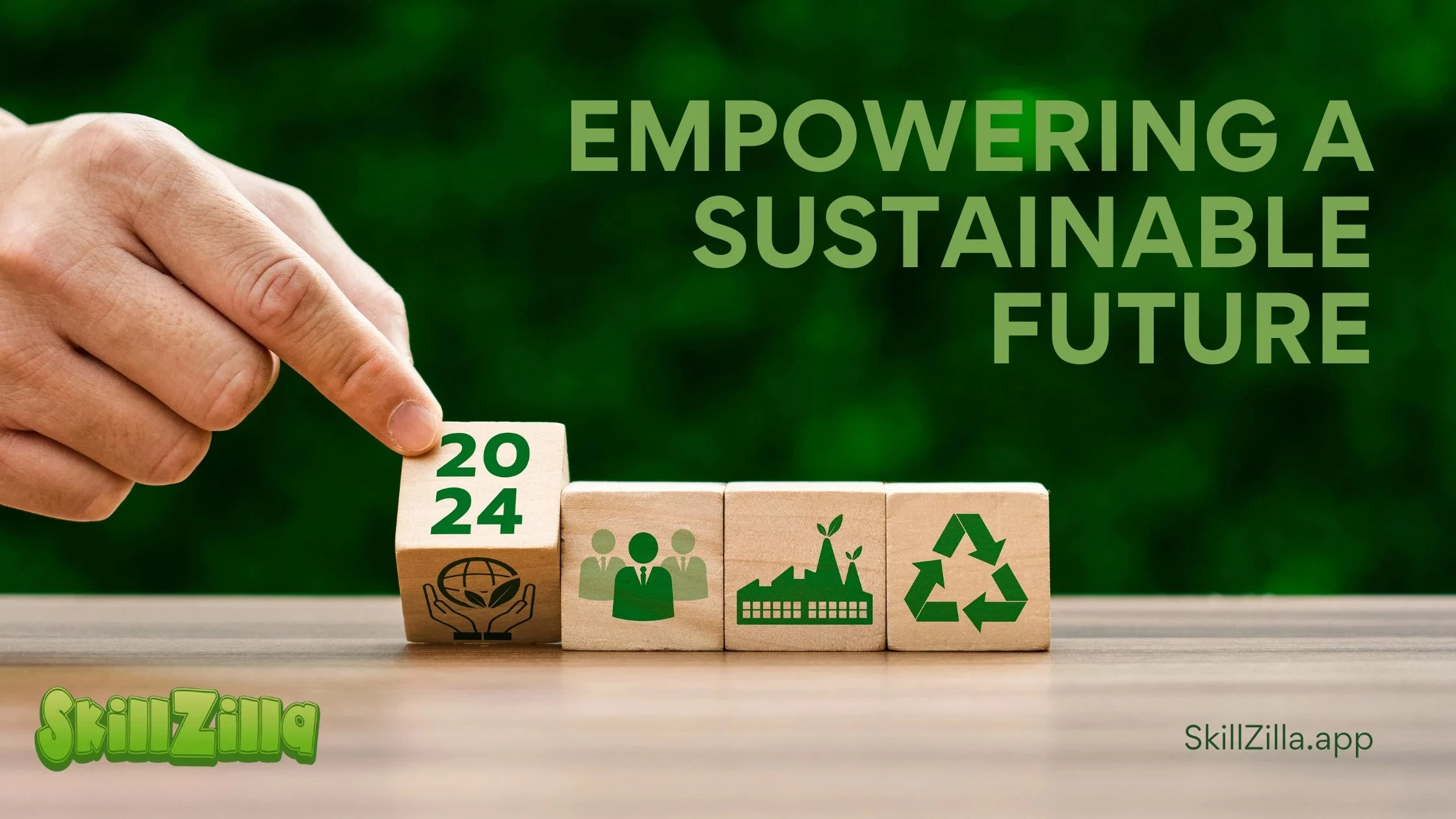 blocks with different environmental icons on them, a hand reaching out to turn one over showing the year 2024 turning to another year