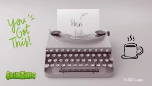 old fashioned type writer with doodles next to it, one is a coffee mug with hot air coming out the top, one is text that says "you've got this" and the final is text that says "ideas" with a paper airplane flying away from it