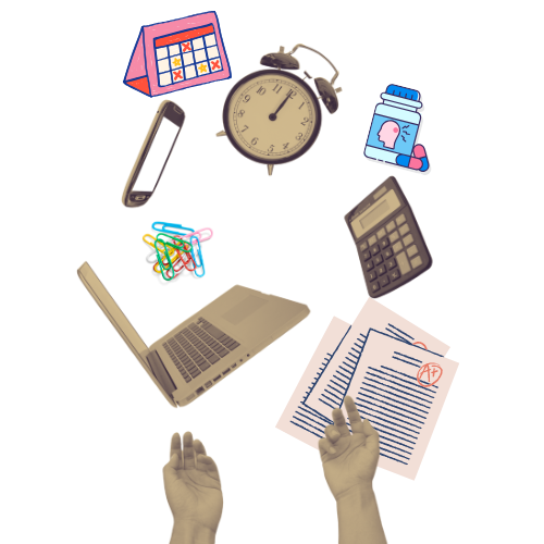 hands juggling responsibilities including a computer, calendar, paper clips, mobile phone, clock, calculator, advil, papers graded