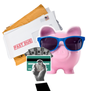 collage of bills due, a piggybank wearing sunglasses, and a hand holding credit cards, cash and a stopwatch