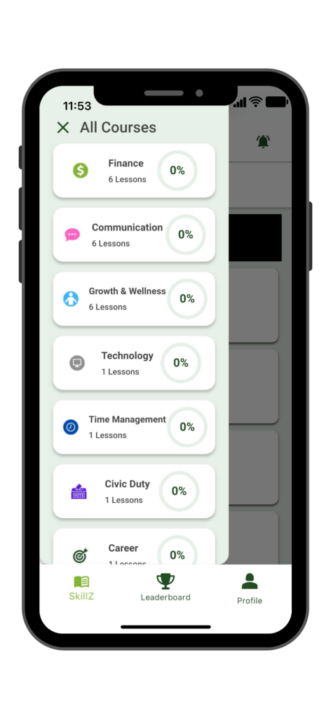 screenshot of the learning categories for SkillZilla's life skill app showing finance, communication, personal growth, and other topics