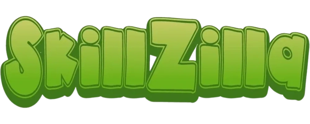 Puffy font logo in light and dark green that says SkillZilla