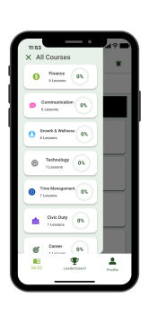 img-skillzilla-categories screenshot of the learning categories for SkillZilla's life skill app showing finance, communication, personal growth, and other topics